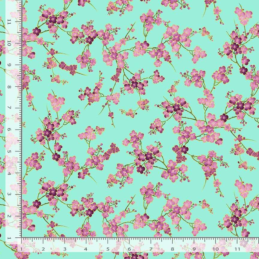 Timeless Treasures Cherry Blossom Branches Flowers Nature Metallic Aqua Remnant (18cm x 112cm TT Shizuka 3)