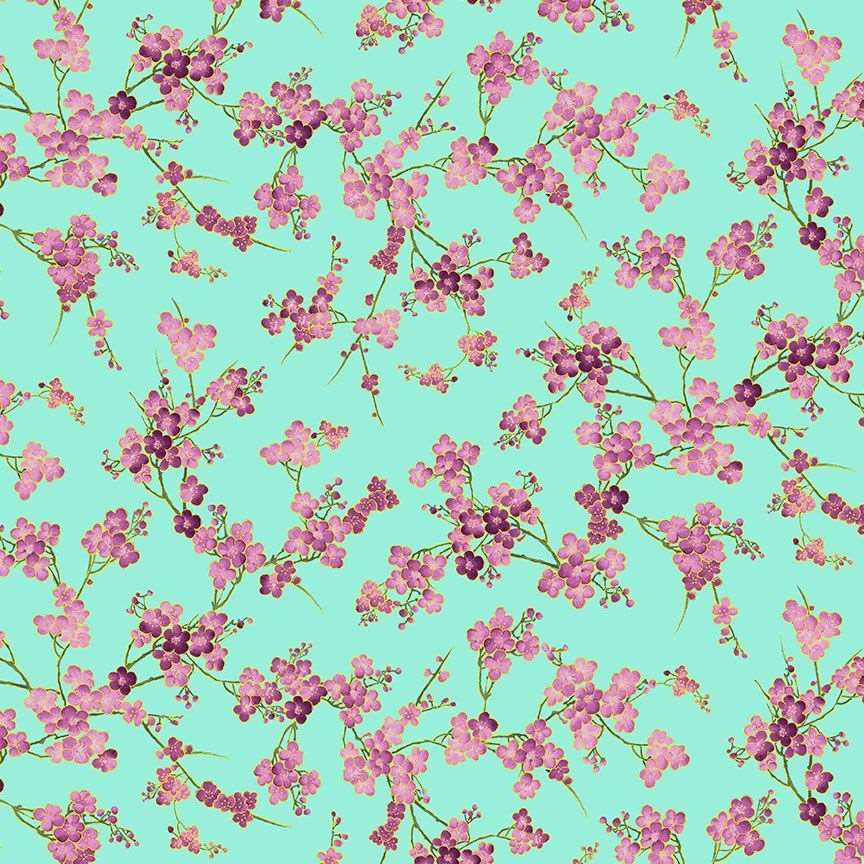 Timeless Treasures Cherry Blossom Branches Flowers Nature Metallic Aqua (TT Shizuka 3)