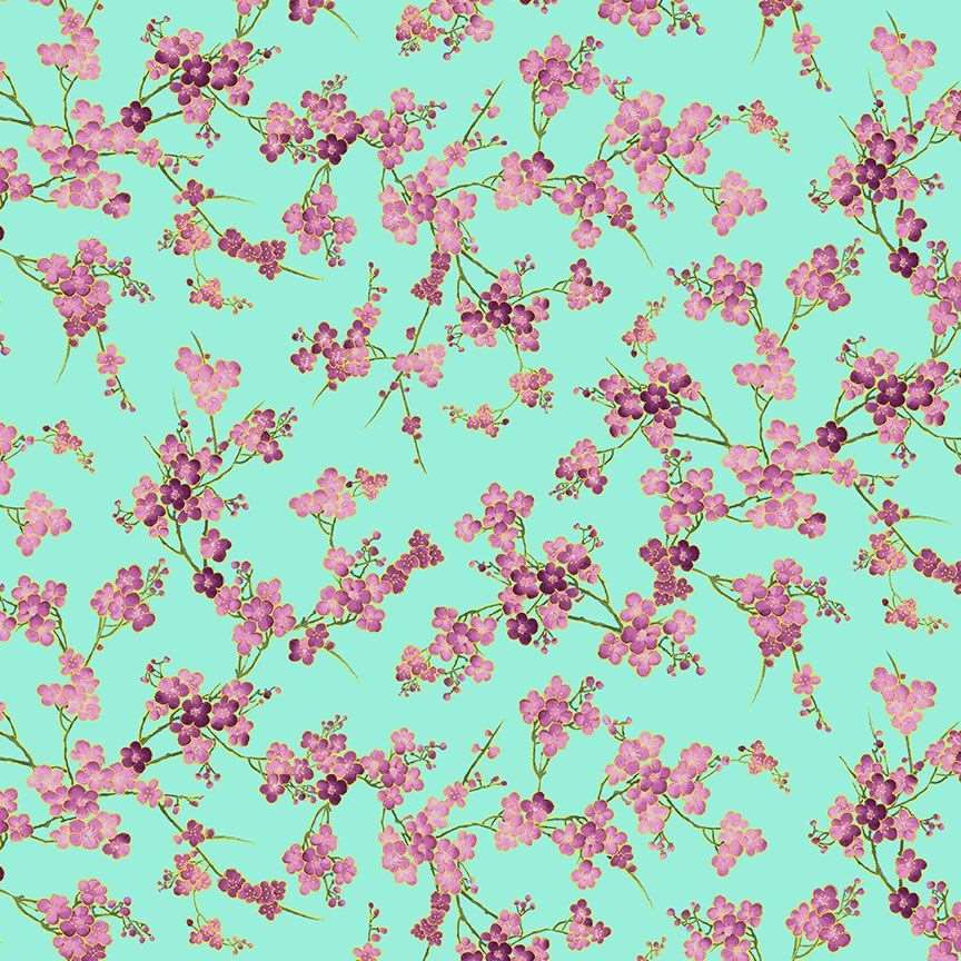 Timeless Treasures Cherry Blossom Branches Flowers Nature Metallic Aqua Remnant (18cm x 112cm TT Shizuka 3)