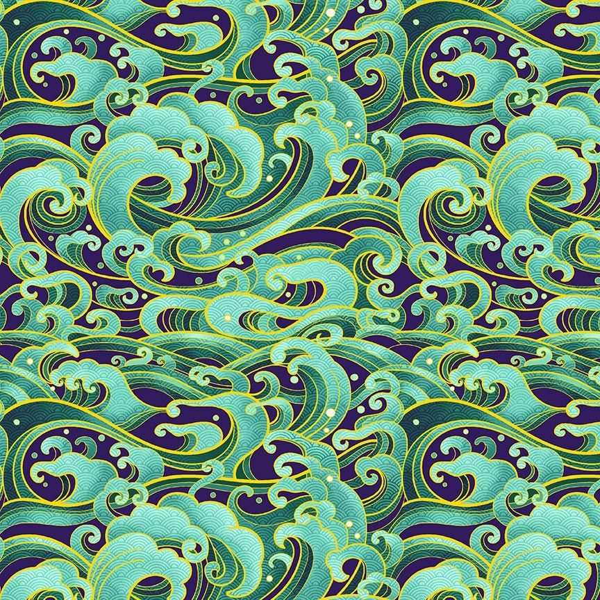 Timeless Treasures Textured Crazy Waves Pattern Metallic Green Remnant (34cm x 112cm TT Shizuka 5)