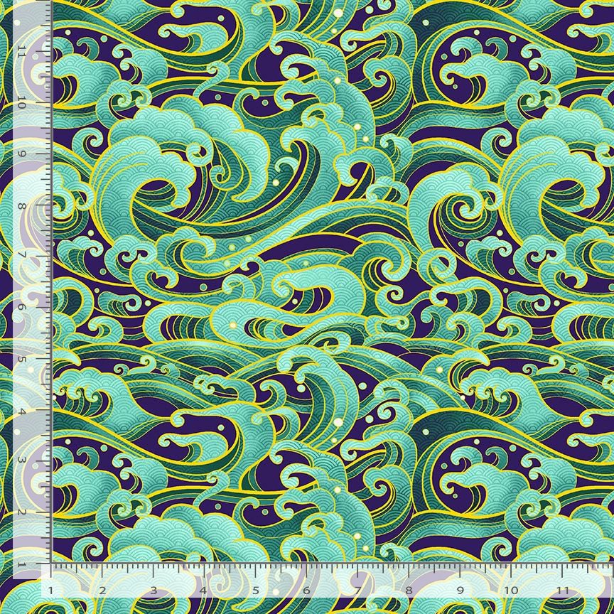 Timeless Treasures Textured Crazy Waves Pattern Metallic Green Remnant (34cm x 112cm TT Shizuka 5)
