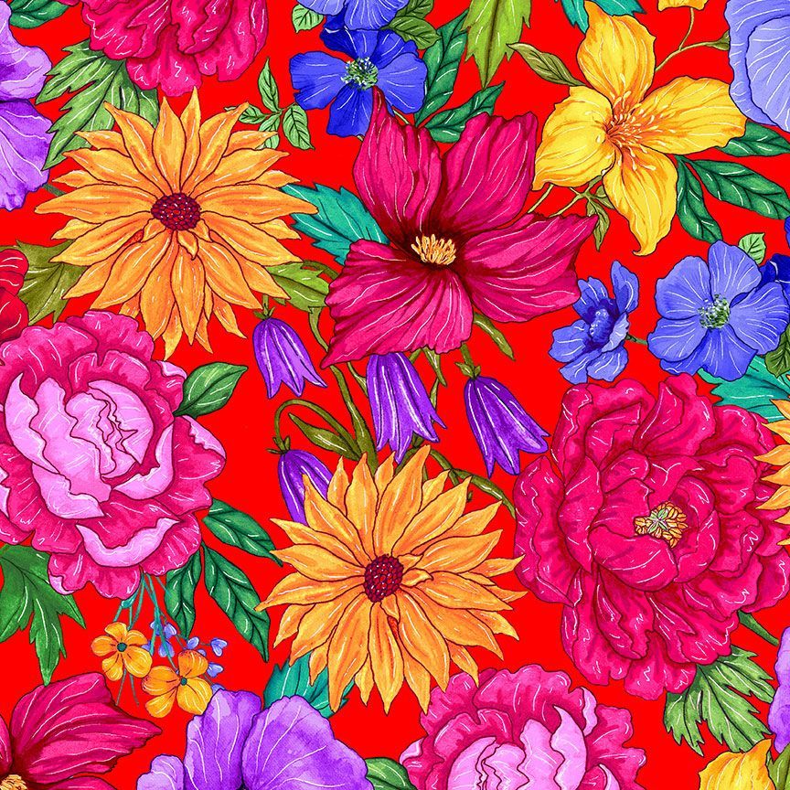 Timeless Treasures Large Hacienda Floral Packed Red Bright Vibrant Fabric (TT Living Color 1)