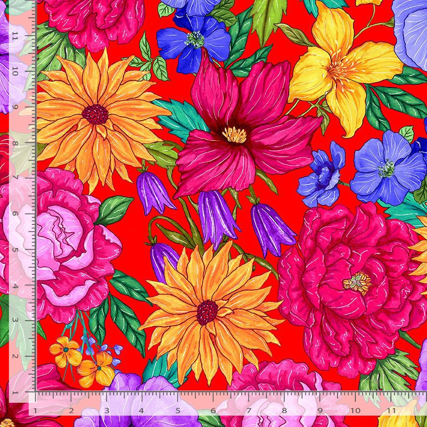 Timeless Treasures Large Hacienda Floral Packed Red Bright Vibrant Fabric (TT Living Color 1)