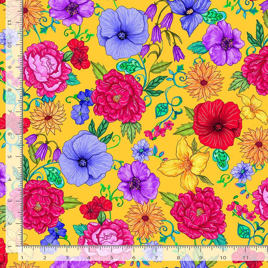 Timeless Treasures FLORA-CD4053 Yellow Floral Quilting Cotton Remnant (40cm x 112cm TT Living Color 3)