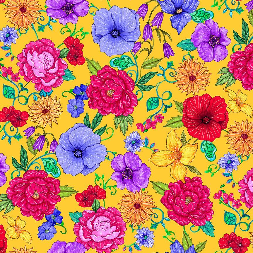 Timeless Treasures FLORA-CD4053 Yellow Floral Quilting Cotton Remnant (40cm x 112cm TT Living Color 3)