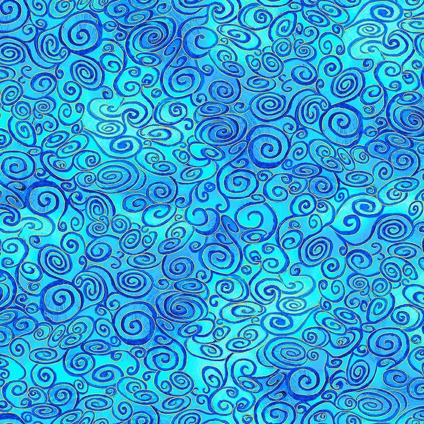 Timeless Treasures Swirly Scrolls Metallic Blender Pattern Blue Remnant (51cm x 112cm TT Wings Of Gold 5)