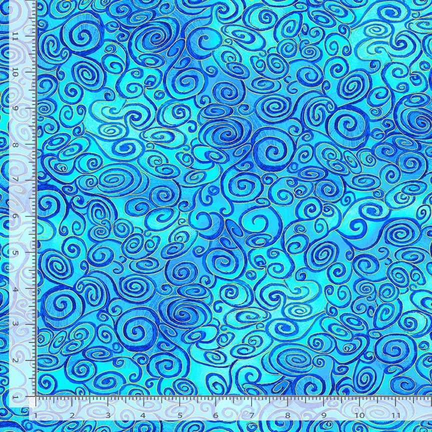 Timeless Treasures Swirly Scrolls Metallic Blender Pattern Blue Remnant (51cm x 112cm TT Wings Of Gold 5)