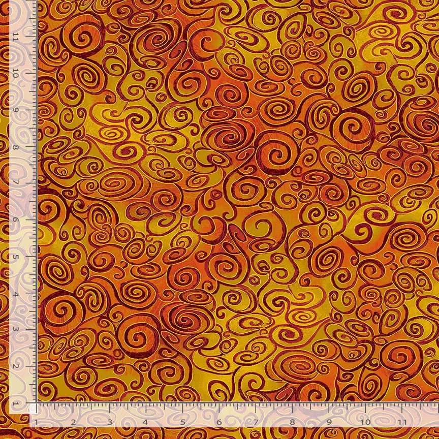 Timeless Treasures Swirly Scrolls Metallic Blender Pattern Orange Rust (TT Wings Of Gold 7)