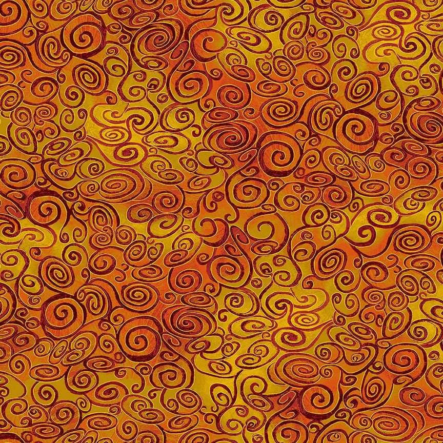 Timeless Treasures Swirly Scrolls Metallic Blender Pattern Orange Rust (TT Wings Of Gold 7)