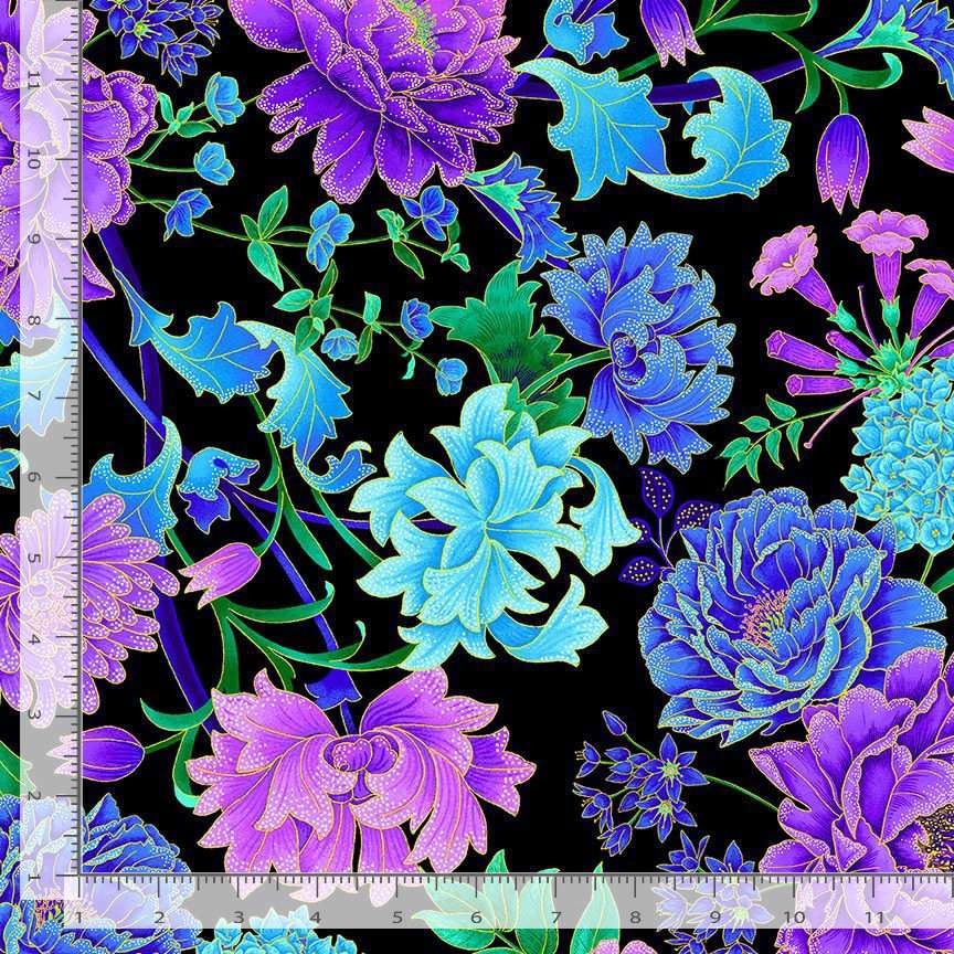 Timeless Treasures 100% Cotton Fabric Elegant Floral Metallic Flowers Nature Black (TT Luminous 2)