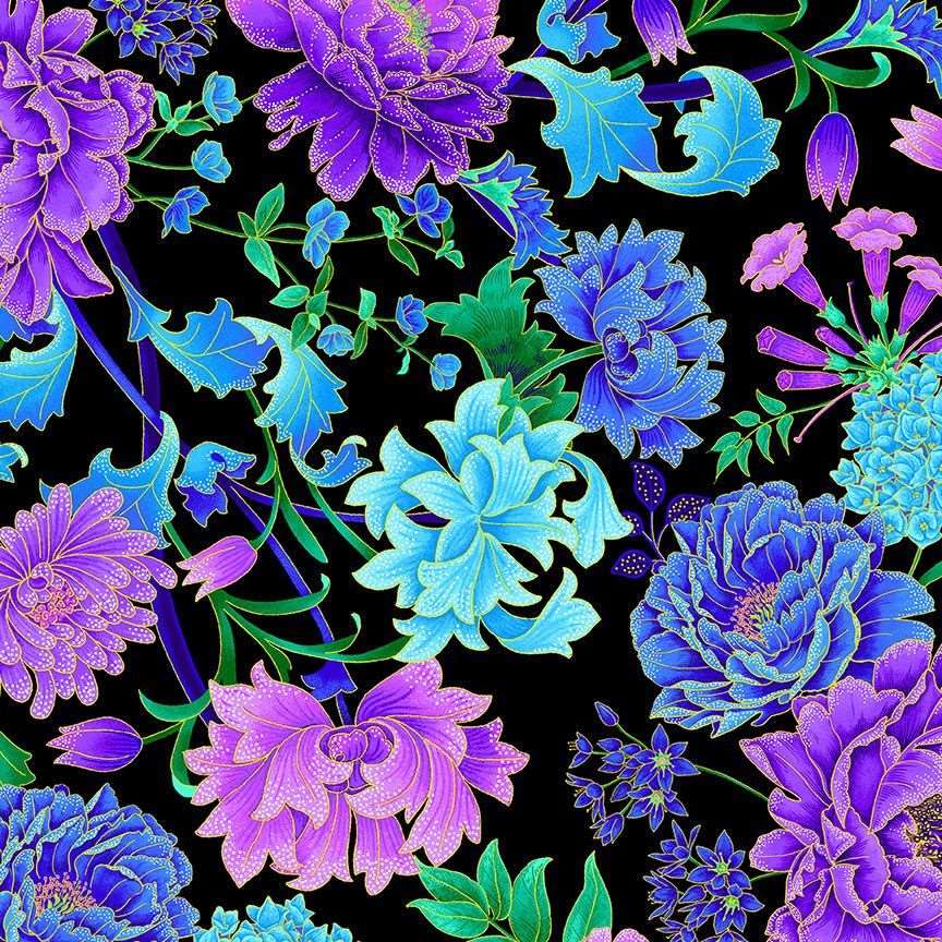 Timeless Treasures 100% Cotton Fabric Elegant Floral Metallic Flowers Nature Black (TT Luminous 2)