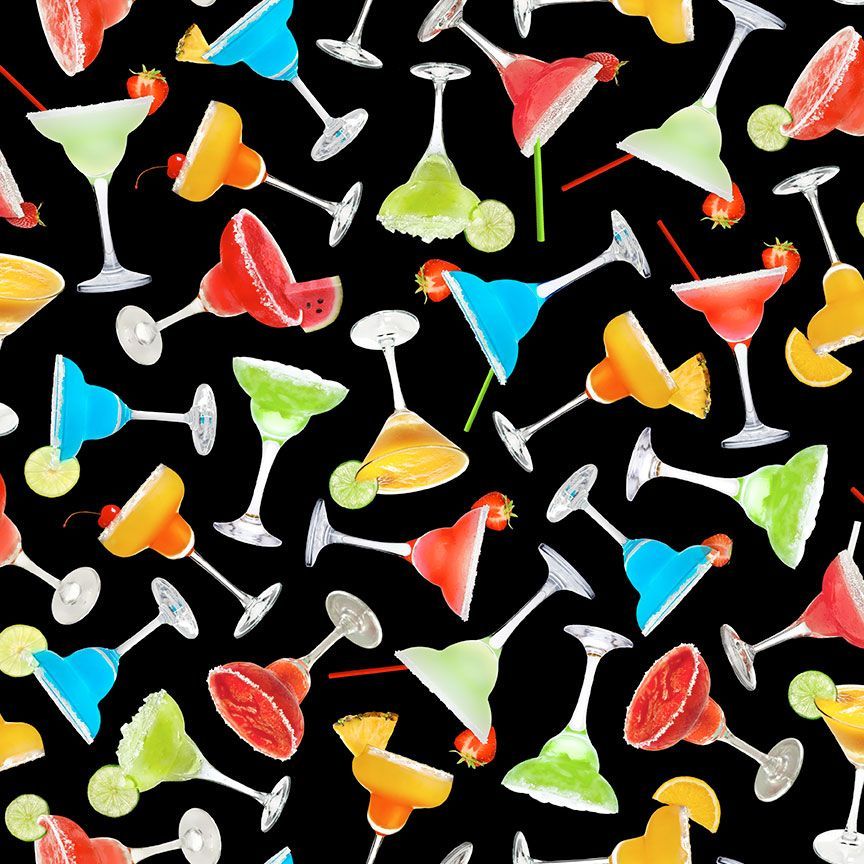 Timeless Treasures Celebration Colourful Margarita Cocktails Drink Fruit Black Remnant (34cm x 112cm TT Gnombre 2)