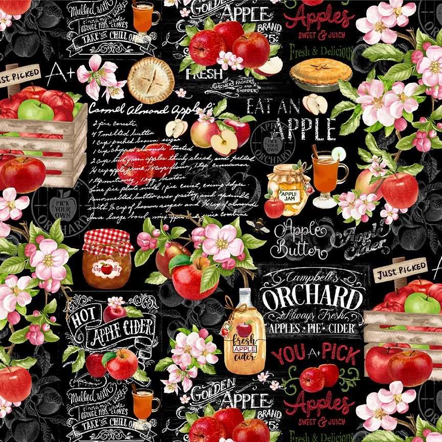 Timeless Treasures Apple Farm Orchard Chart Cider Black (TT Orchard Valley 1)