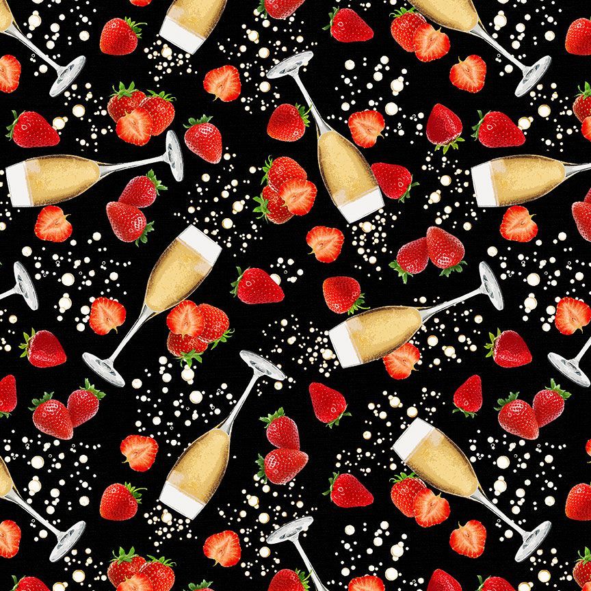 Timeless Treasures 100% Cotton Fabric Champagne Glasses & Strawberries Bubbles Fruit Drink Black (TT Rendezvous 1)