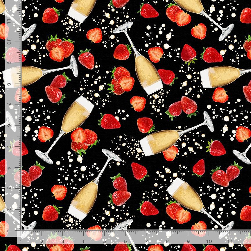 Timeless Treasures 100% Cotton Fabric Champagne Glasses & Strawberries Bubbles Fruit Drink Black (TT Rendezvous 1)