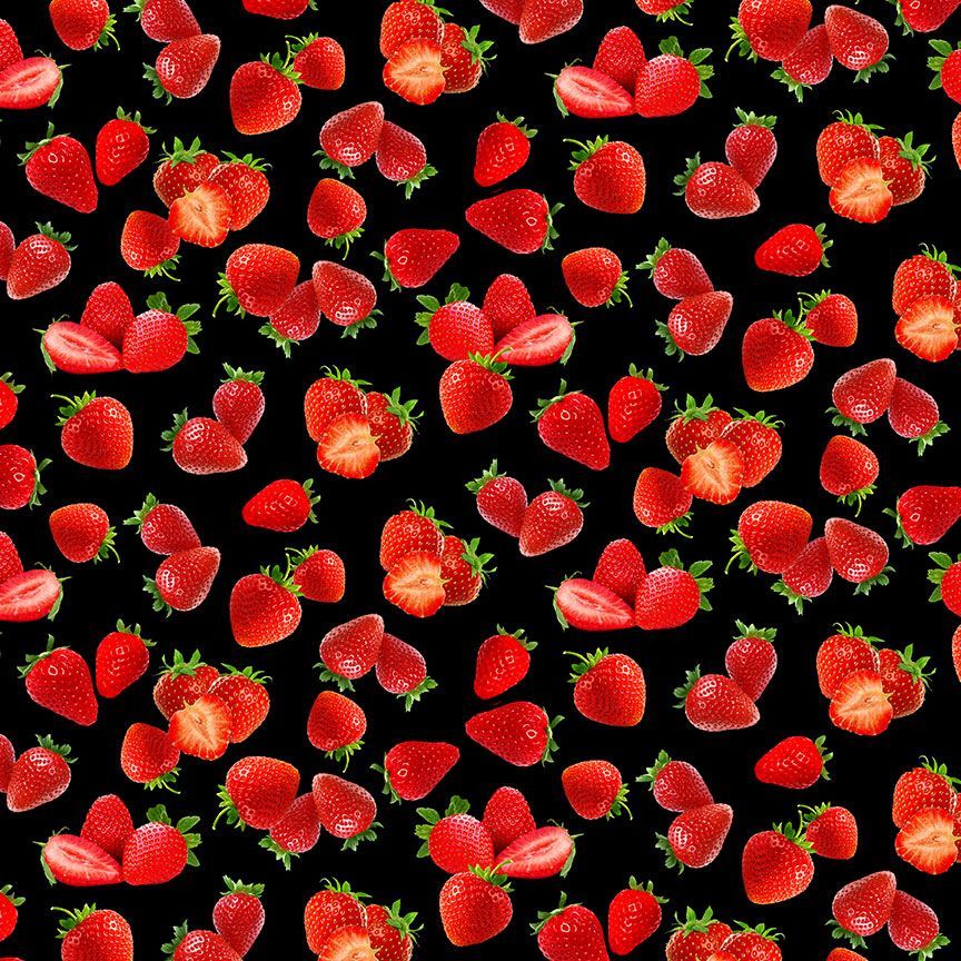 Timeless Treasures 100% Cotton Fabric Juicy Bright Red Strawberries Fruit Black Remnant (34cm x 112cm TT Rendezvous 3)