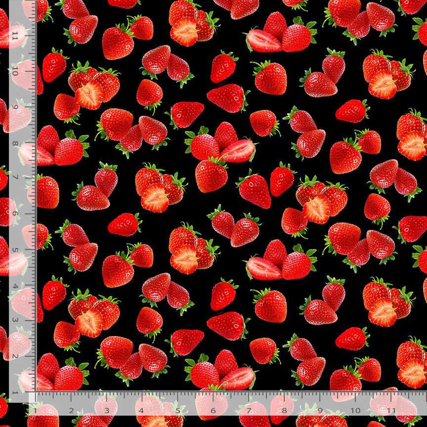Timeless Treasures 100% Cotton Fabric Juicy Bright Red Strawberries Fruit Black Remnant (34cm x 112cm TT Rendezvous 3)