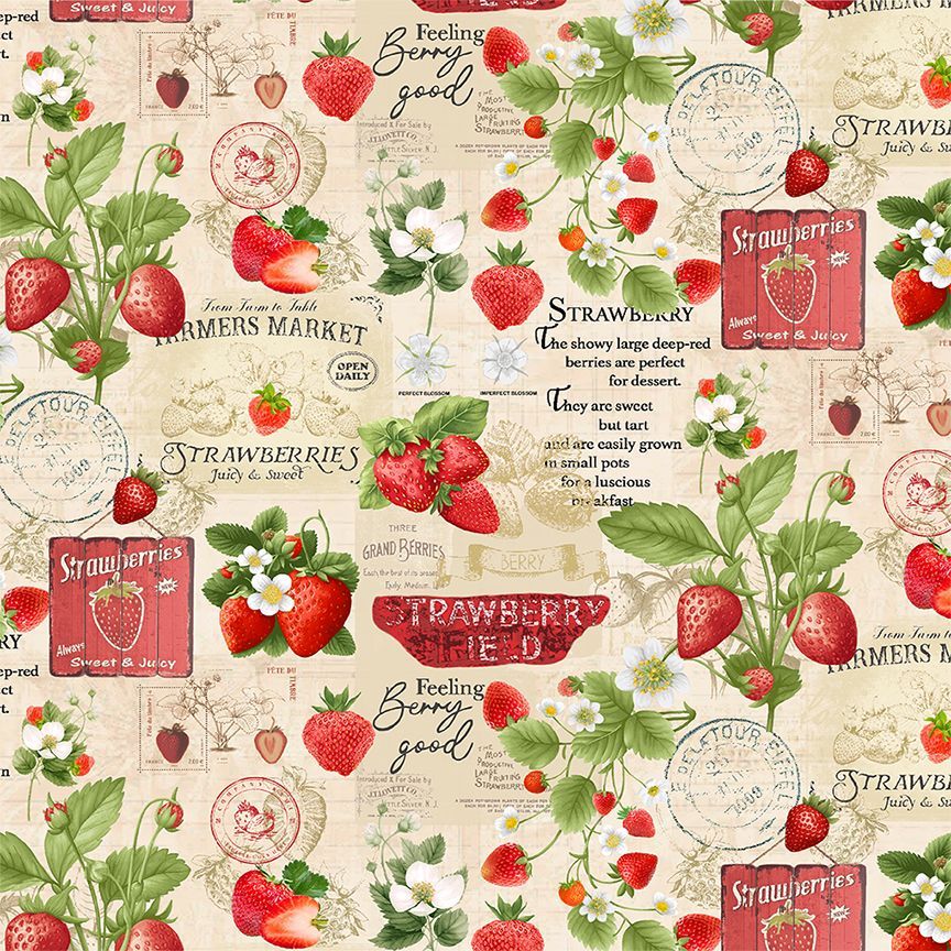 Timeless Treasures Strawberries Market Fruit Collage Beige (TT Berry Sweet 1)