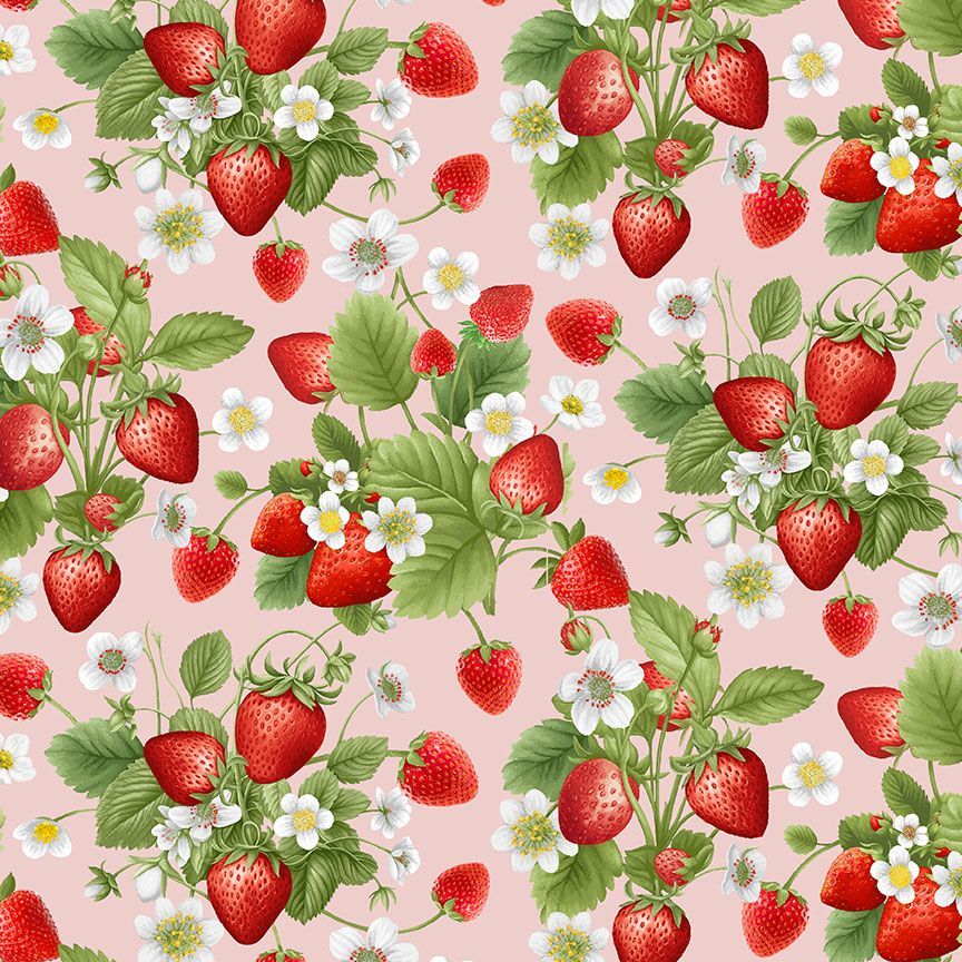 Timeless Treasures Strawberries Fruit Bouquet Floral Flowers Pink Remnant (34cm x 112cm TT Berry Sweet 2)