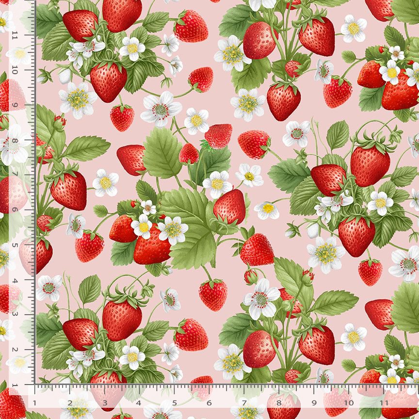 Timeless Treasures Strawberries Fruit Bouquet Floral Flowers Pink Remnant (34cm x 112cm TT Berry Sweet 2)