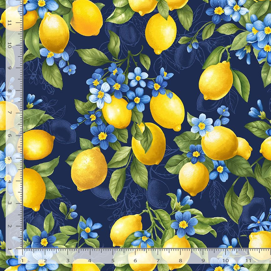 Timeless Treasures Lemon Bouquet Fruit Food Floral Flowers Navy Remnant (36cm x 112cm TT Limoncello 1)