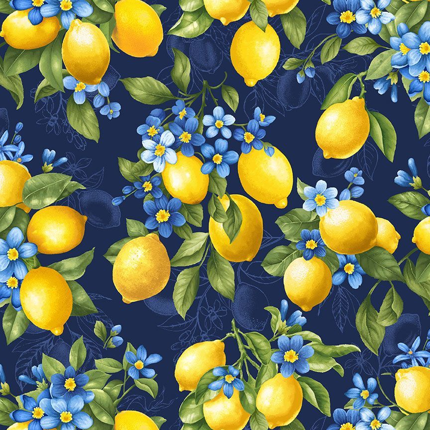 Timeless Treasures Yellow Lemon Bouquet Fruit Flowers Floral Navy (TT Limoncello)