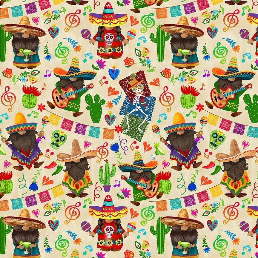 Timeless Treasures Mexico Celebration Music Dancing Gnomes Cactus Guitar Multi-Coloured Remnant (22cm x 112cm TT Gnombre 1)