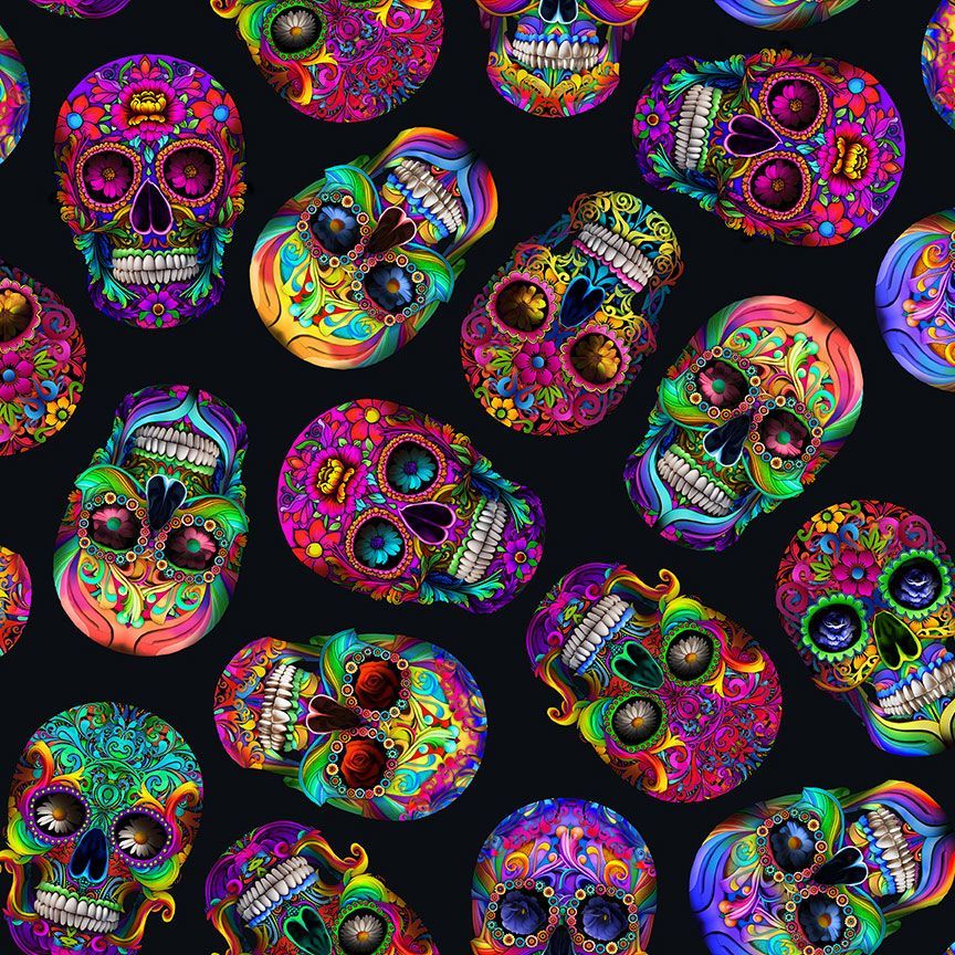 Timeless Treasures Bright Floral Multi-Coloured Sugar Skulls Halloween Spooky Black (TT Day Of The Dead 4)