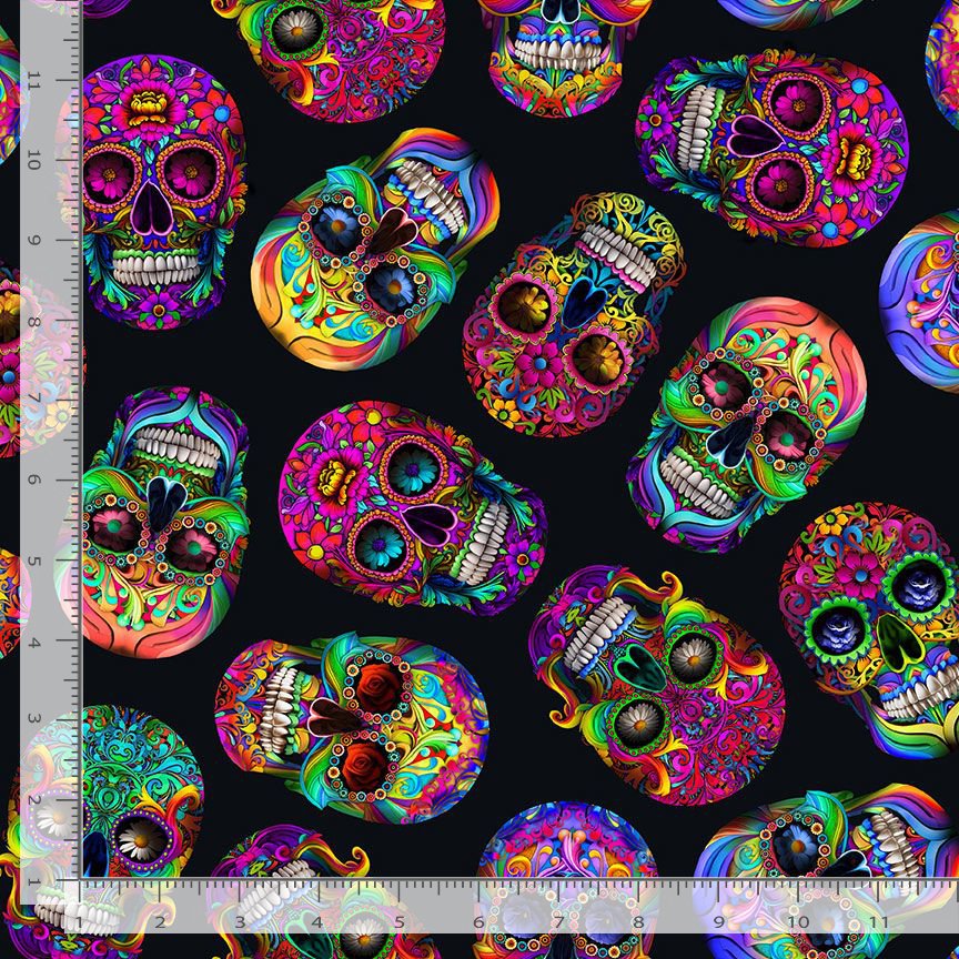 Timeless Treasures Bright Floral Multi-Coloured Sugar Skulls Halloween Spooky Black (TT Day Of The Dead 4)