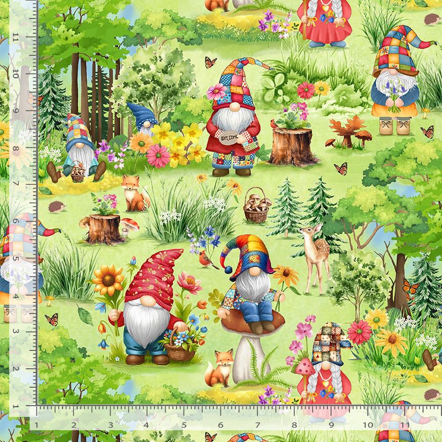 Timeless Treasures 100% Cotton Fabric Hippie Gnomes Garden Green Remnant (66cm x 112cm TT Hippie Gnomes 2)
