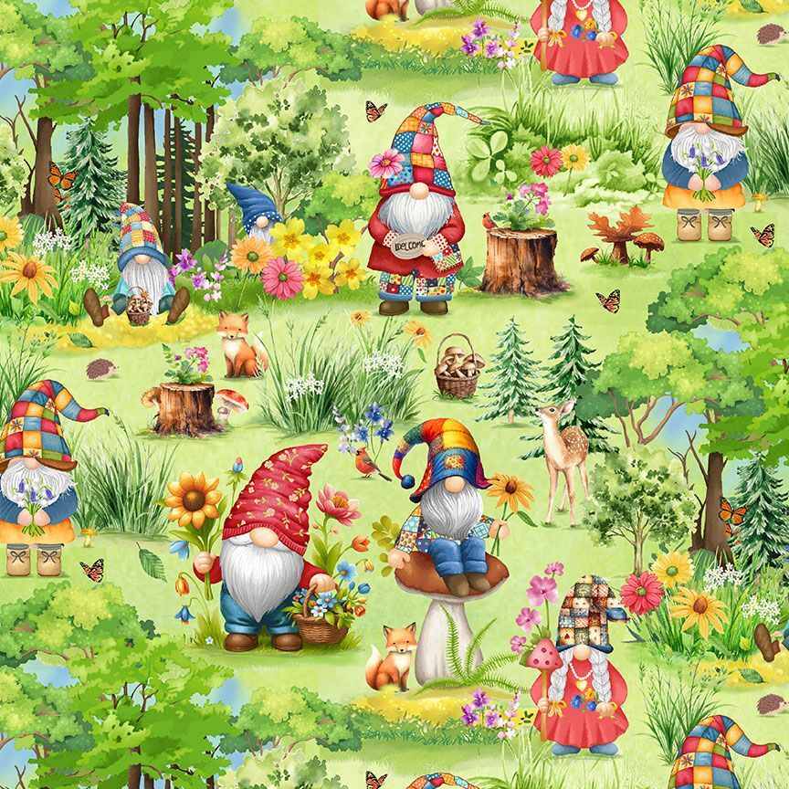 Timeless Treasures 100% Cotton Fabric Hippie Gnomes Garden Green Remnant (66cm x 112cm TT Hippie Gnomes 2)