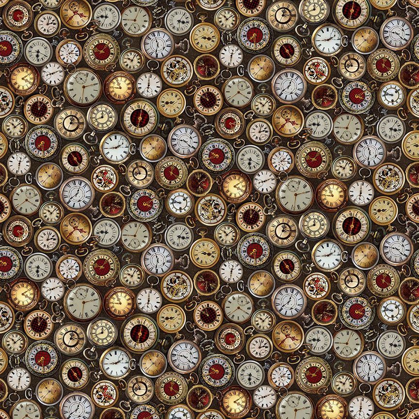 Timeless Treasures FUN CD4229  MULTI Packed Watches Vintage Steampunk 100% Cotton Remnant (20cm x 112cm TT Down The Rabbit Hole 1)