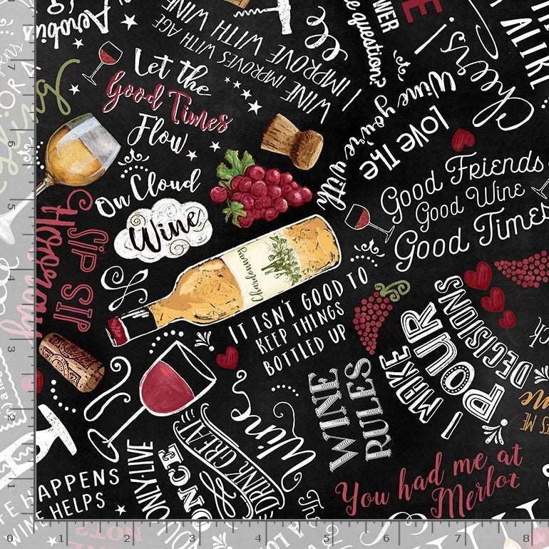 Timeless Treasures 100% Cotton Fabric Wine Bottle Drink Cellar Grapes Text Black Remnant (23cm x 112cm TT Uncork & Unwind)