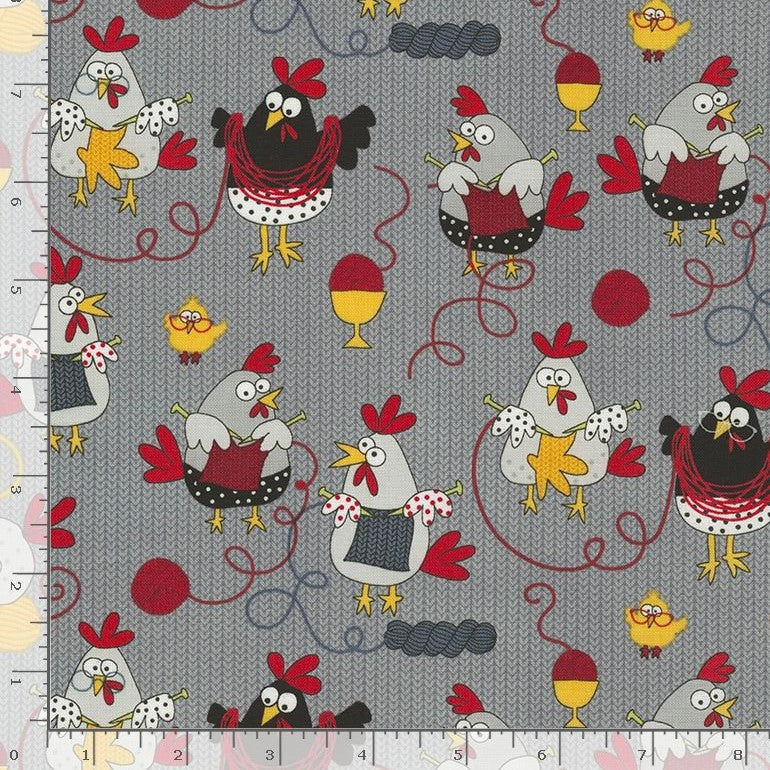 Timeless Treasures Fun Happy Knitting Chickens Animals Sewing Grey (TT Knit A Little Magic 1)