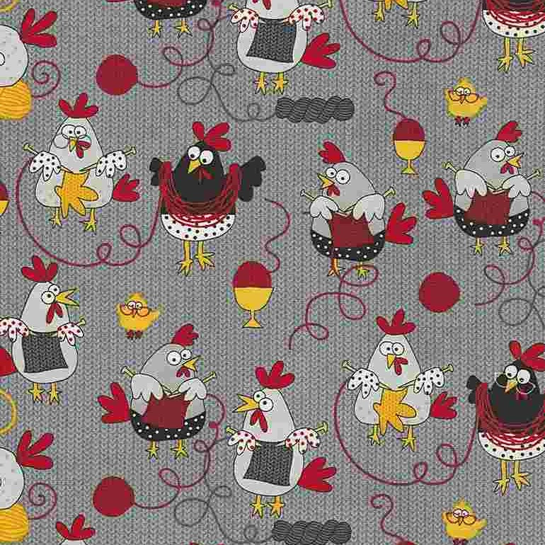 Timeless Treasures Fun Happy Knitting Chickens Animals Sewing Grey (TT Knit A Little Magic 1)