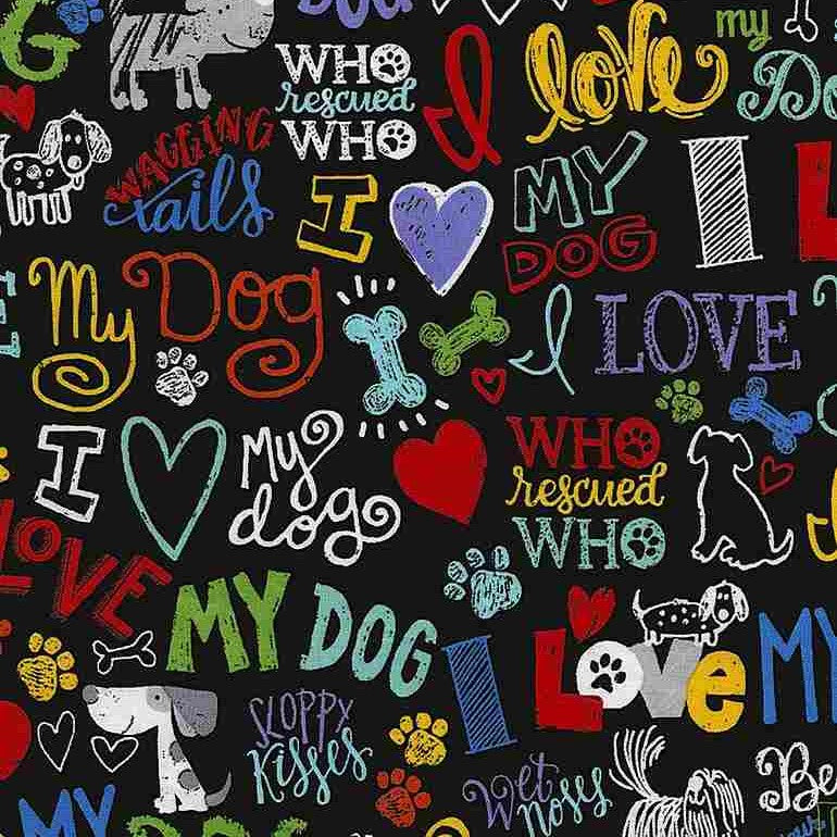 Timeless Treasures I Love My Dog Text Words Bone Paw Prints Pet Black (TT My Dog Black)