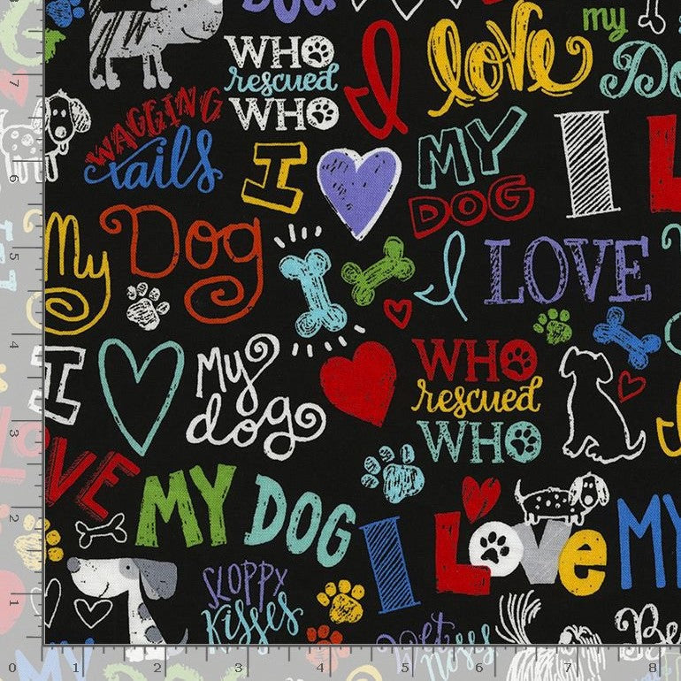 Timeless Treasures I Love My Dog Text Words Black Remnant (72cm x 112cm TT My Dog Black)