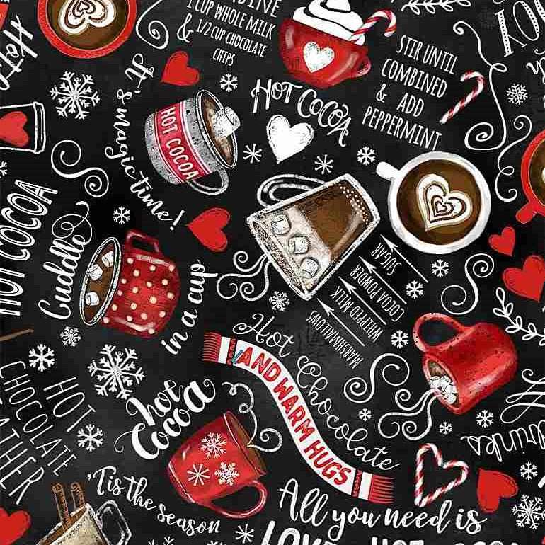 Timeless Treasures Hot Chocolate Winter Drinks & Text Scarf Mitten Cocoa Black Remnant (34cm x 112cm TT Frosty Delights 5)