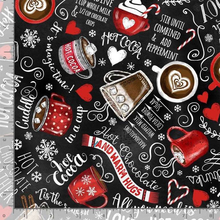 Timeless Treasures Hot Chocolate Winter Drinks & Text Scarf Mitten Cocoa Black Remnant (34cm x 112cm TT Frosty Delights 5)