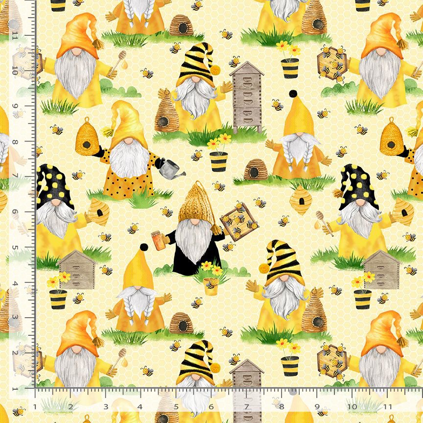 Timeless Treasures Beekeeper Gnomes Hives Flowers Bees Insects Yellow (TT Home Is Where My Honey Is 1)