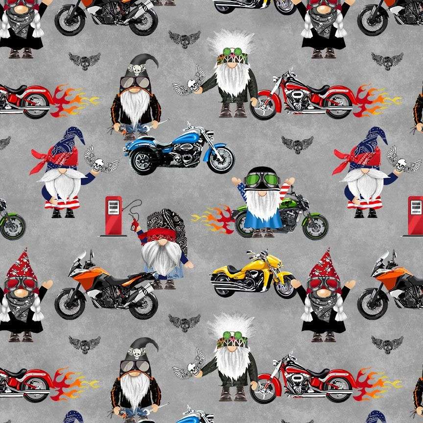 Timeless Treasures 100% Cotton Fabric Biker Gnomes Motorbike Grey (TT Bad To The Gnome 1)