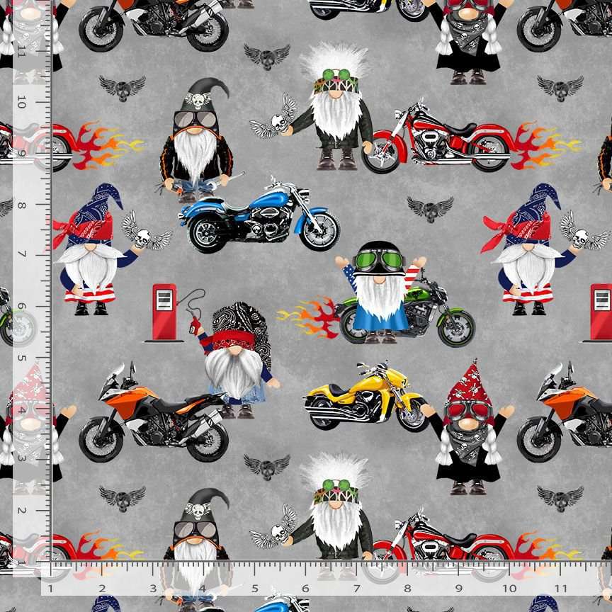 Timeless Treasures 100% Cotton Fabric Biker Gnomes Motorbike Grey (TT Bad To The Gnome 1)