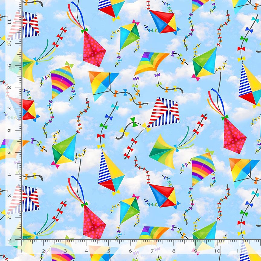 Timeless Treasures Multi-Coloured Flying Kites Sky Blue Remnant (50cm x 112cm TT Pool Party 4)