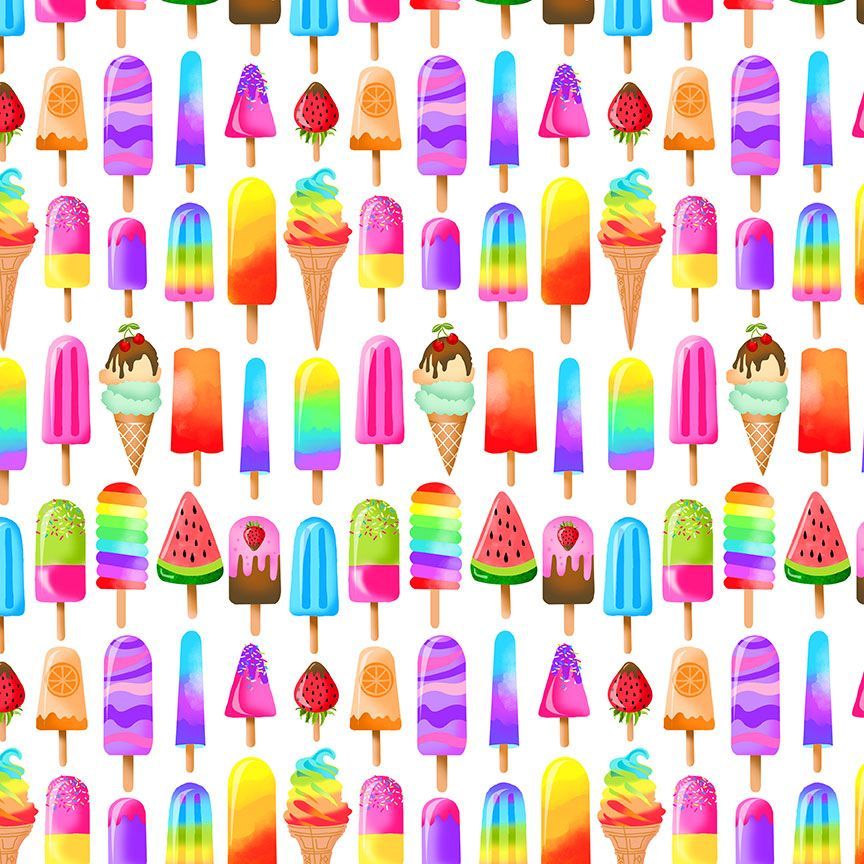 Timeless Treasures Packed Multi-Coloured Popsicles Ice Cream Lollies White Remnant (24cm x 112cm TT Pool Party 5)