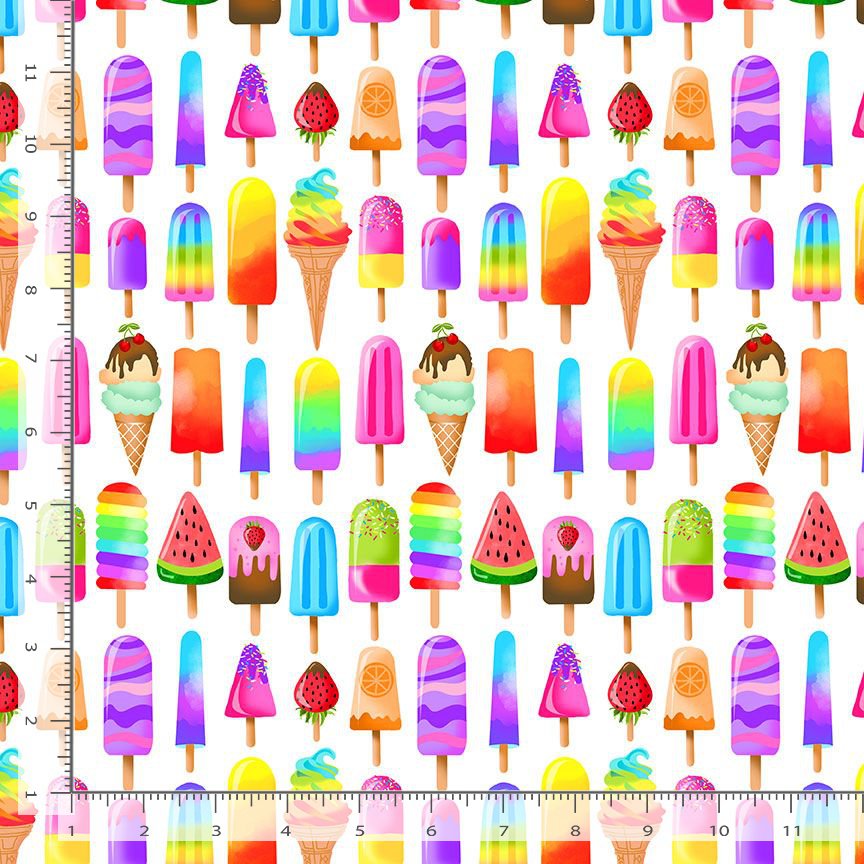Timeless Treasures Packed Multi-Coloured Popsicles Ice Cream Lollies White Remnant (24cm x 112cm TT Pool Party 5)