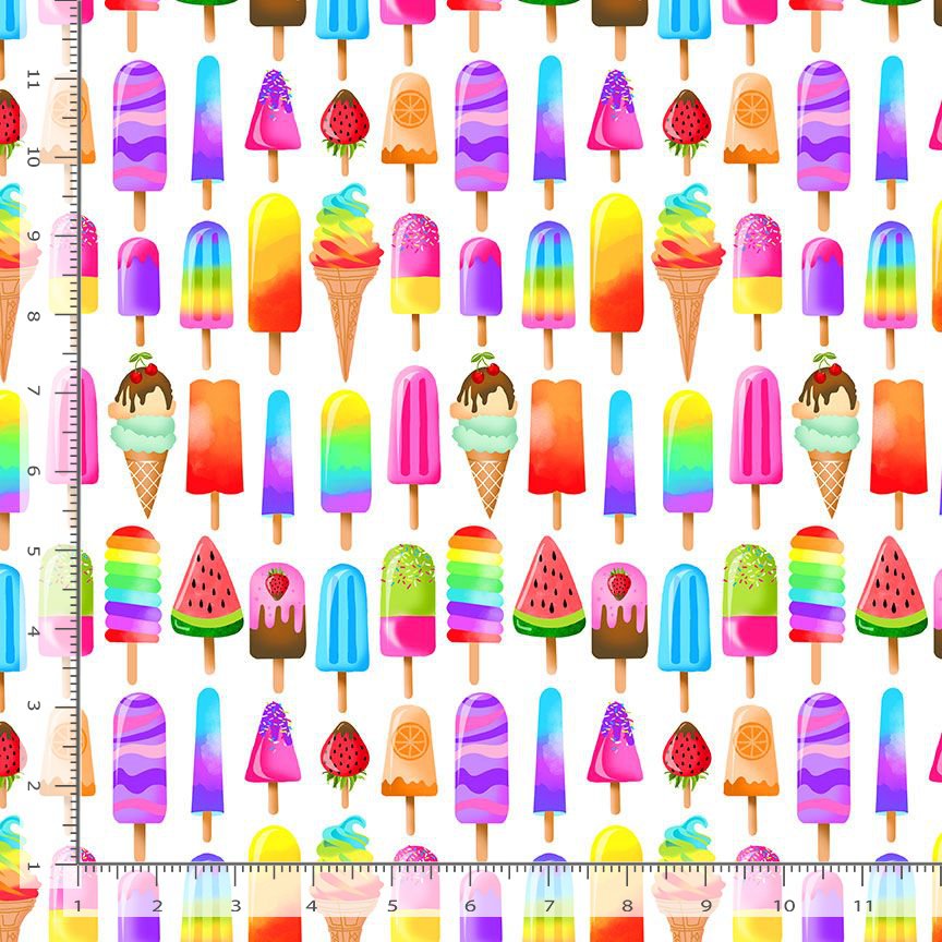 Timeless Treasures Multi-Coloured Popsicles Ice Cream Lollies White  (TT Pool Party 5)