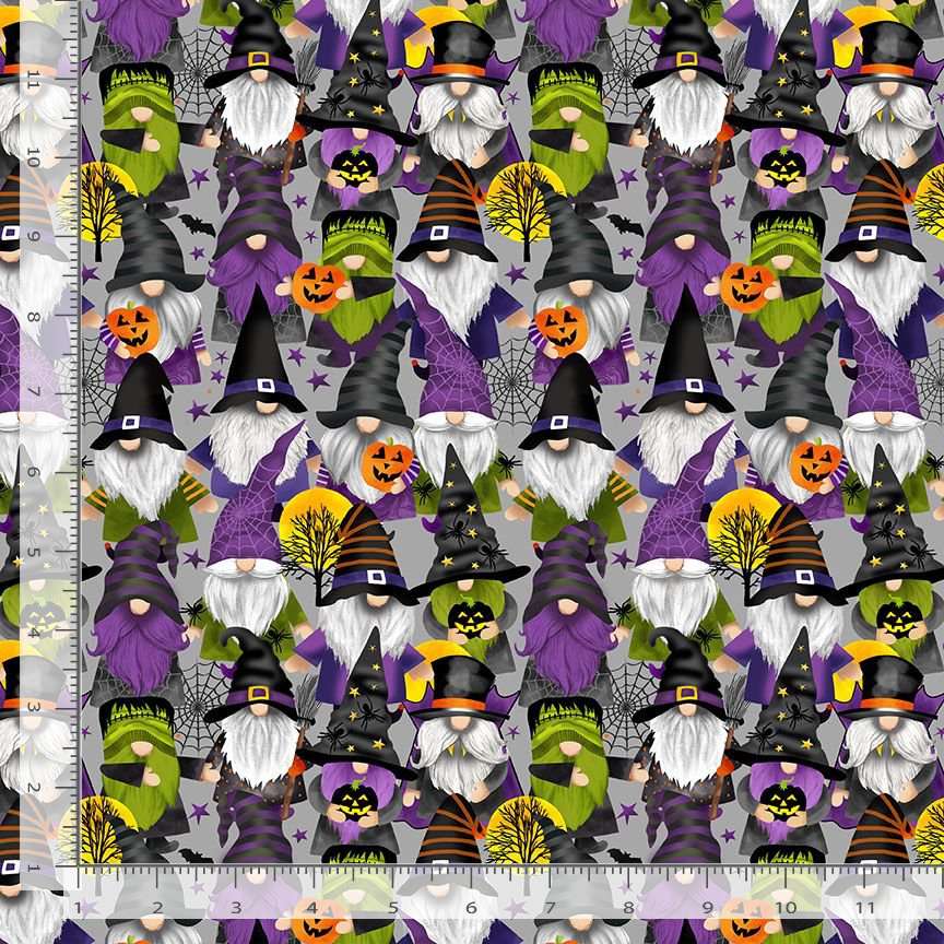 Timeless Treasures 100% Cotton Fabric Halloween Gnomes Witches Bats Pumpkins Grey (TT I Boo What I Want 2)