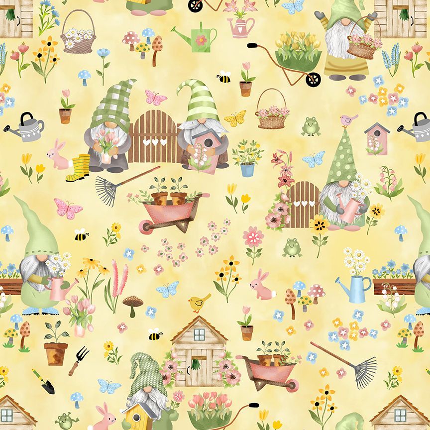 Timeless Treasures 100% Cotton Fabric Flowers Animals Garden Gardening Tools Yellow (TT Gnome Grown 2)