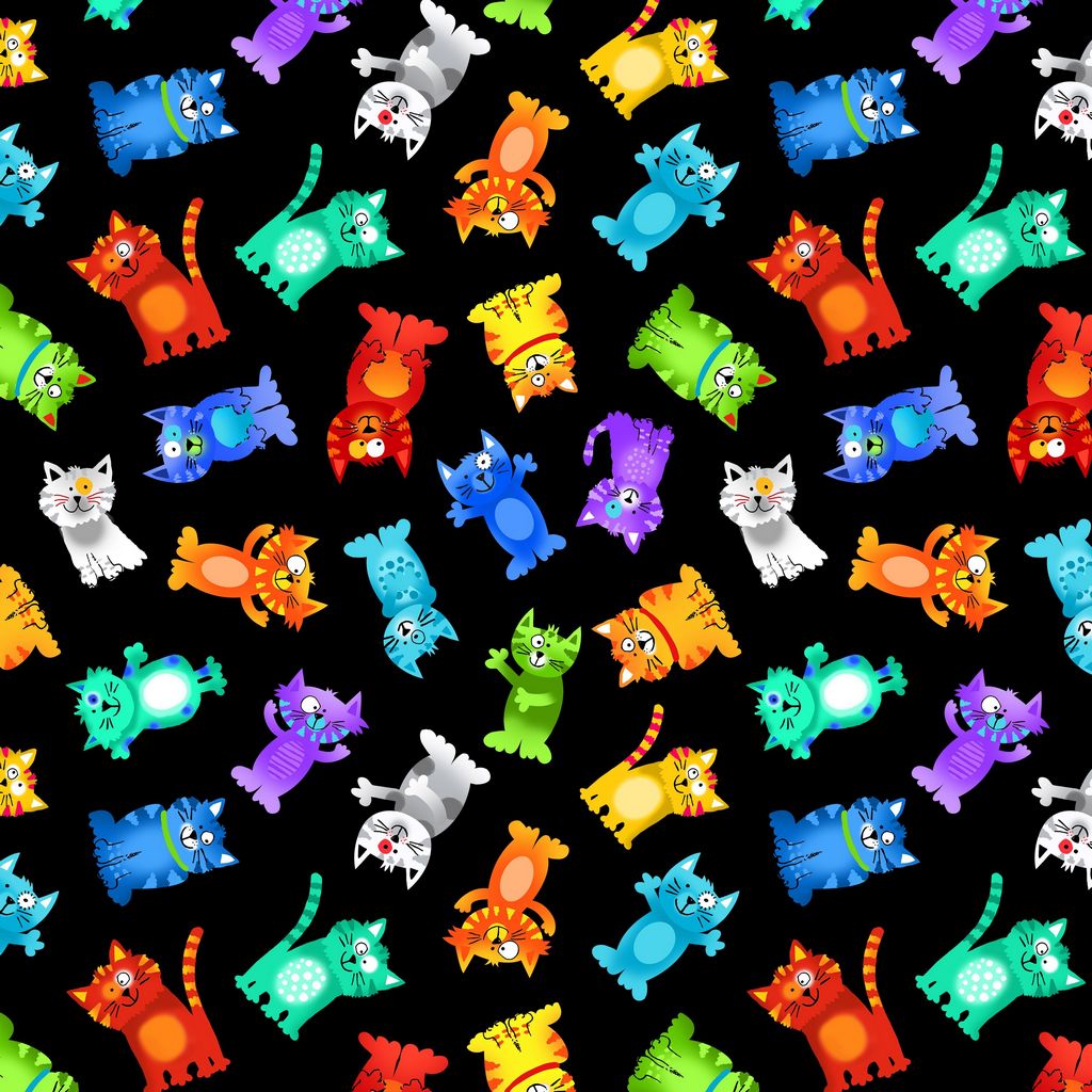 Timeless Treasures Tossed Rainbow Cats Black Remnant (47cm x 112cm TT Live Love Meow 3)