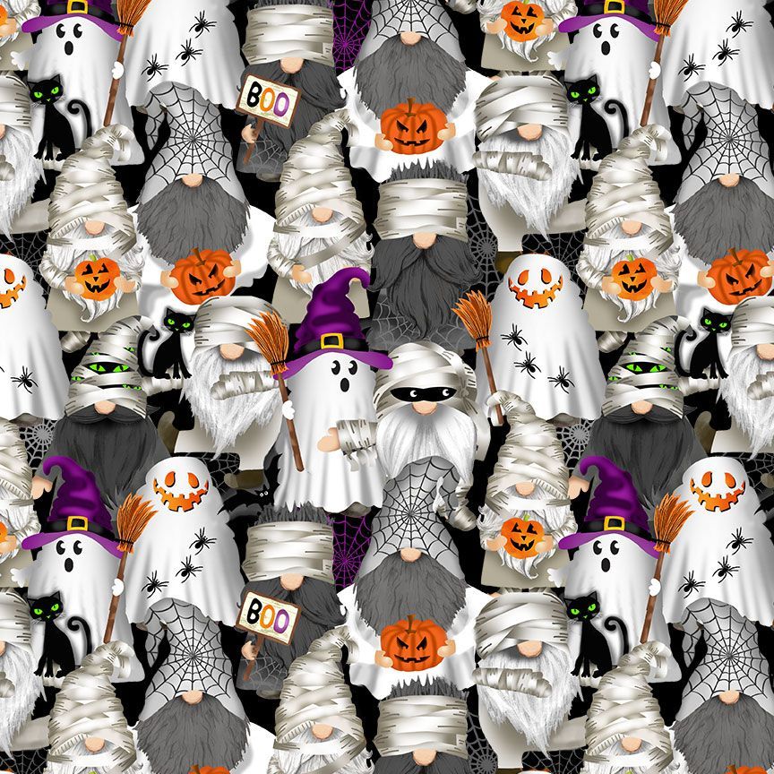 Pattern of Halloween-themed gnomes with pumpkins, ghosts, and witches on a black background.